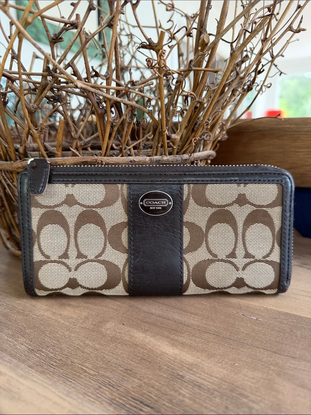 Coach Brown and Tan Signature Zip Wallet